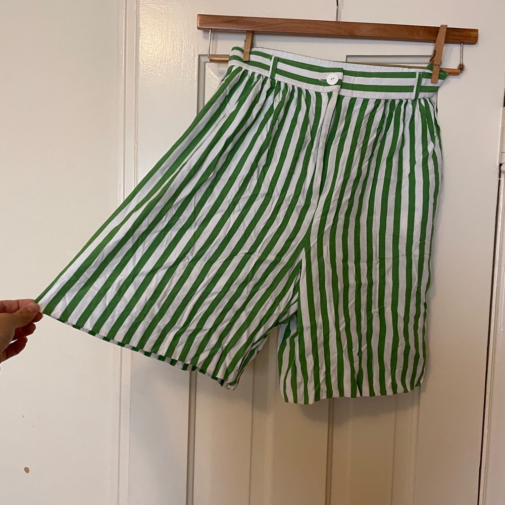 green and white pinstripe high waist drapey bermuda  shorts